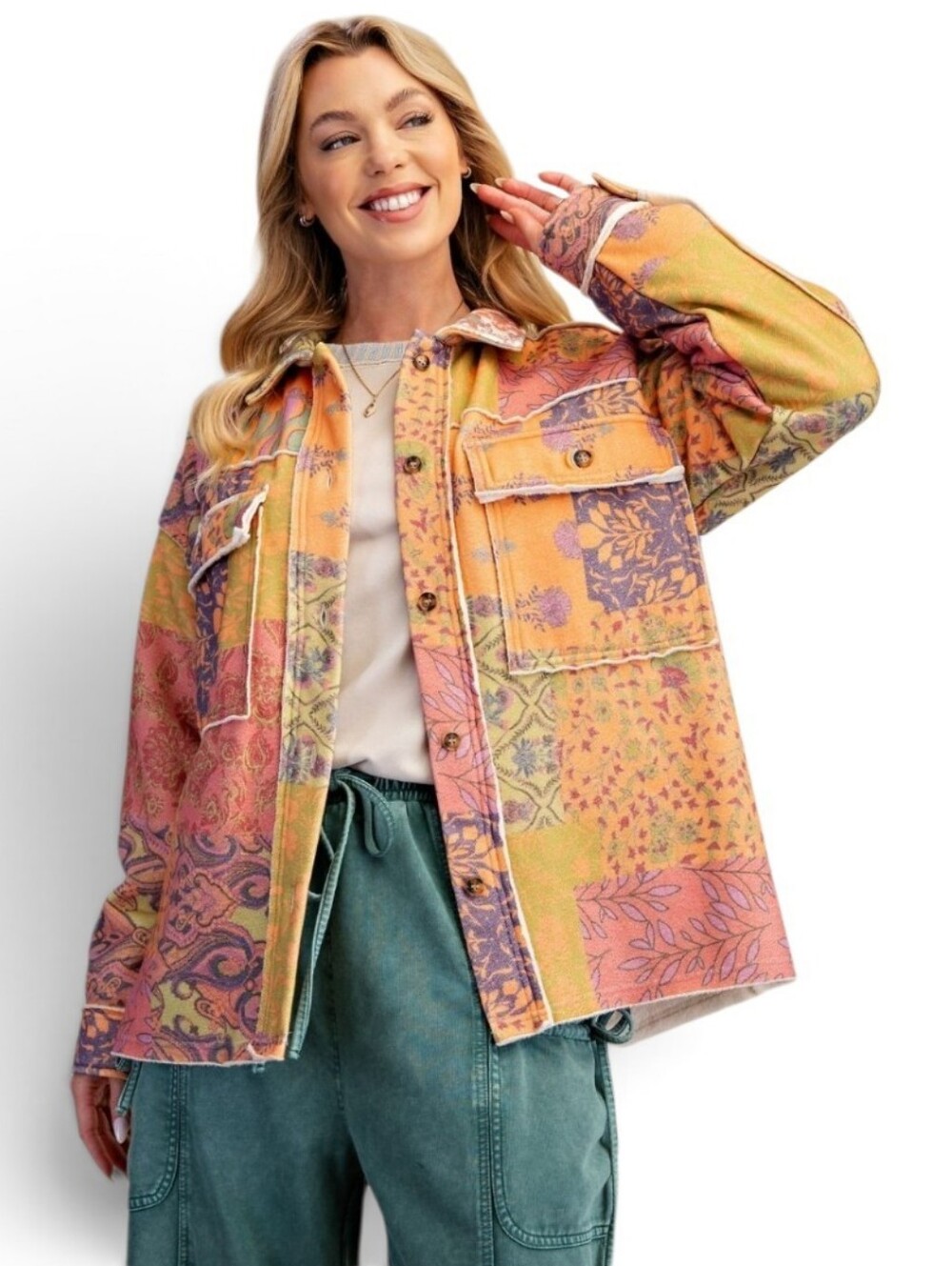 Easel Boho Patchwork Print Fleece Jacket New
